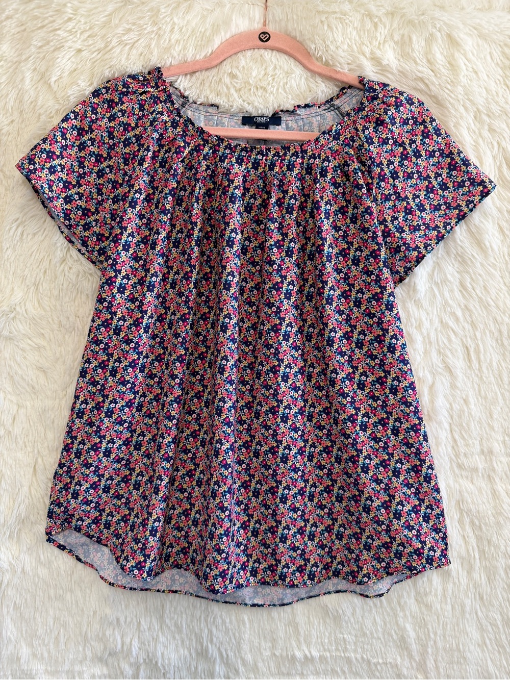 Chaps Womens Floral Peasant Short Sleeve Blouse L Blue Cottagecore Americana